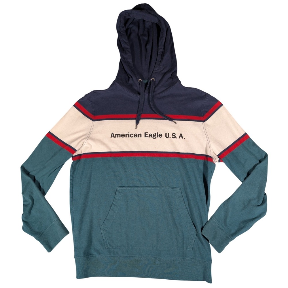 American Eagle U.S.A. Men's Colorblock Hoodie Navy Teal Cream Red‎ Size Large